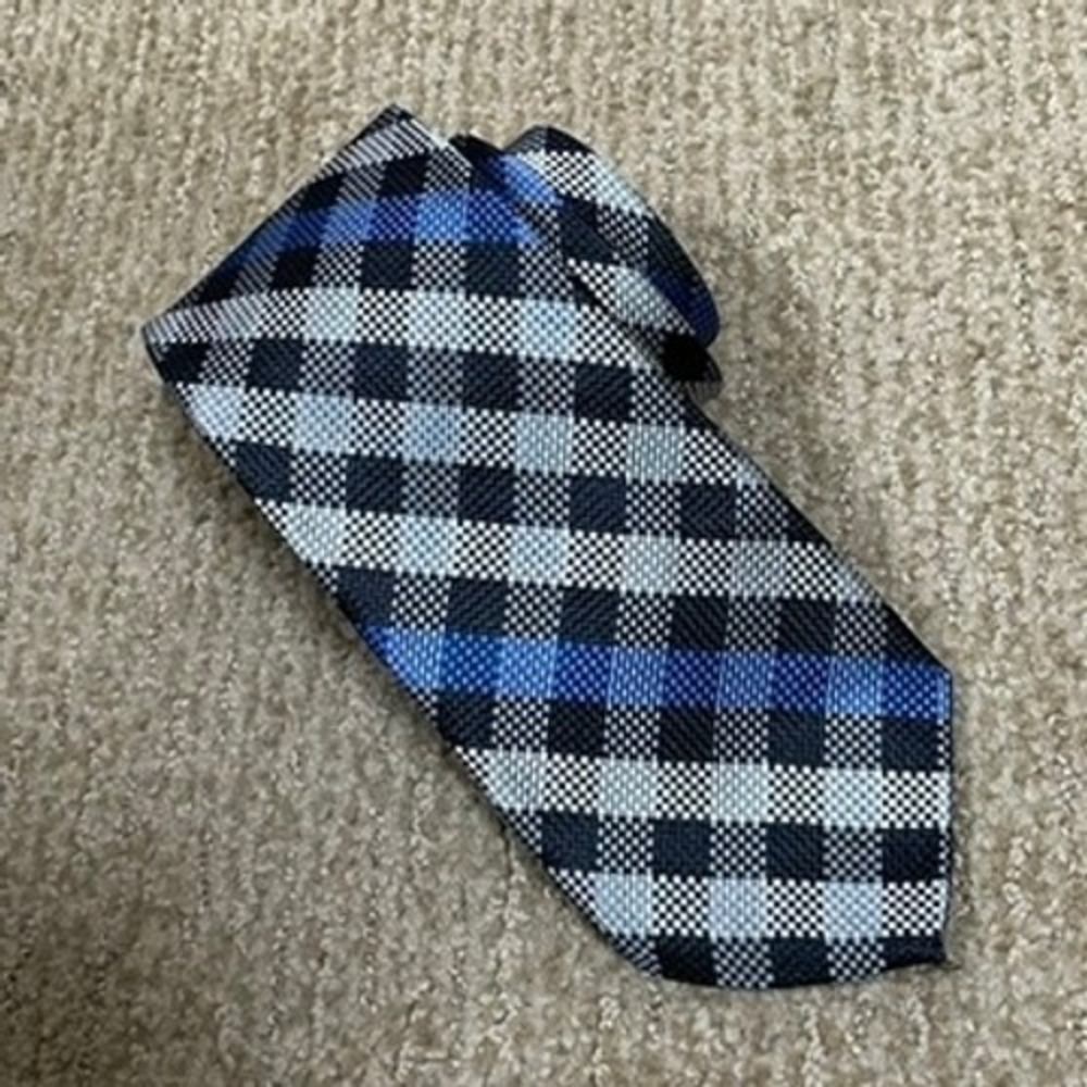 Jhane‎ Barnes Silk Tie Mens XL Blue Black Plaid Excellent Woven Geometric 60"
